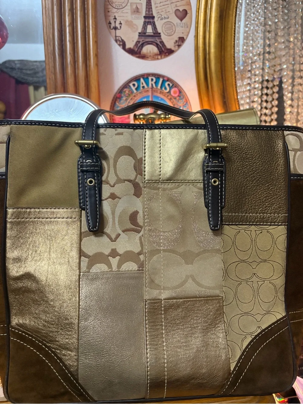 Coach Metallic Patchwork Tote in Taupe and Brown GOLD TONE ABSOLUTELY STUNNING!